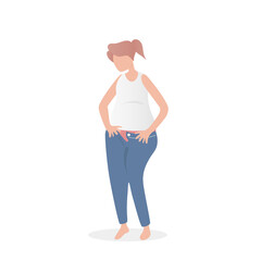 Young woman with a big belly she can't wear jeans pants,Overweight and obesity concept,Vector illustration.