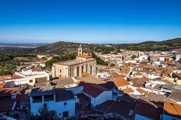 Montanchez with the church of St Matthew, San Mateo in Extremadura. Spain.