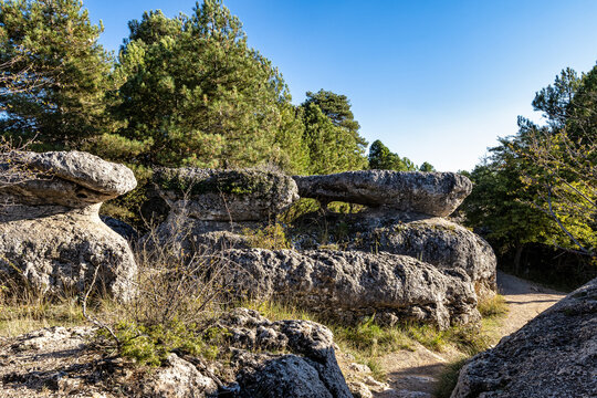 Unique rock formations in La Ciudad Encantada or Enchanted City near Cuenca, Spain, Castilla la Mancha