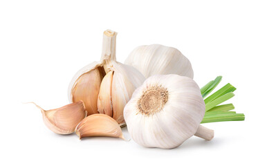 Peeled Garlic Cloves and Bulb with leaves isolated on white background.