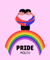 A poster of two guys hugging with a rainbow