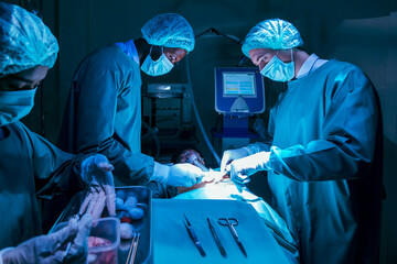 Team of surgeon doctors are performing heart surgery operation for patient from organ donor to save...