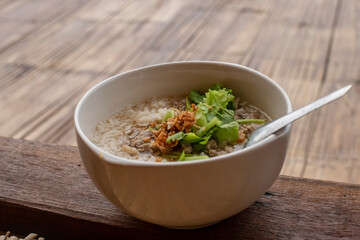 Pork boiled rice and blurred background.