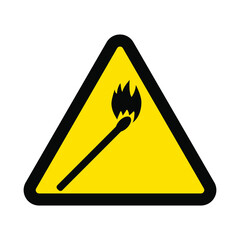 Burning match, warning yellow triangular sign isolated on white background, vector illustration