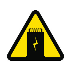 Electrical substation or transformer box, warning yellow triangular sign isolated on white background, vector illustration