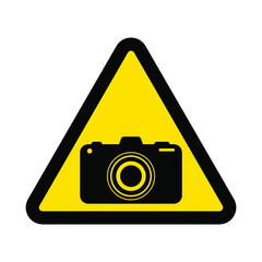 Camera, warning yellow triangular sign isolated on white background, vector illustration