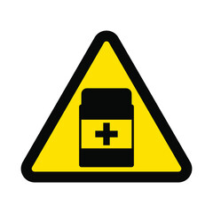 Pills and medicines in a jar, warning yellow triangular sign on a white background, vector illustration