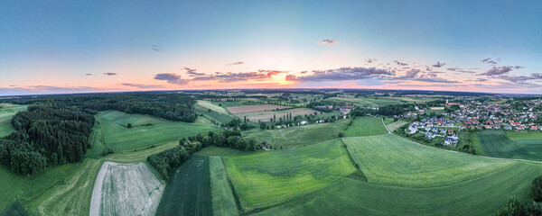 Bavarian Panorama View across the village Scheyern during sunset phase - obrazy, fototapety, plakaty
