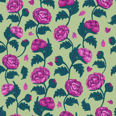 Vector seamless pattern with bright peonies. Design with beautiful flowers.