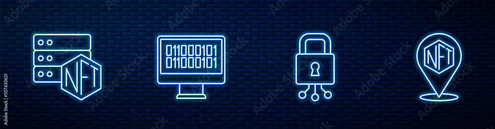 Poster set line cyber security, nft blockchain technology, binary code and digital crypto art. glowing neon