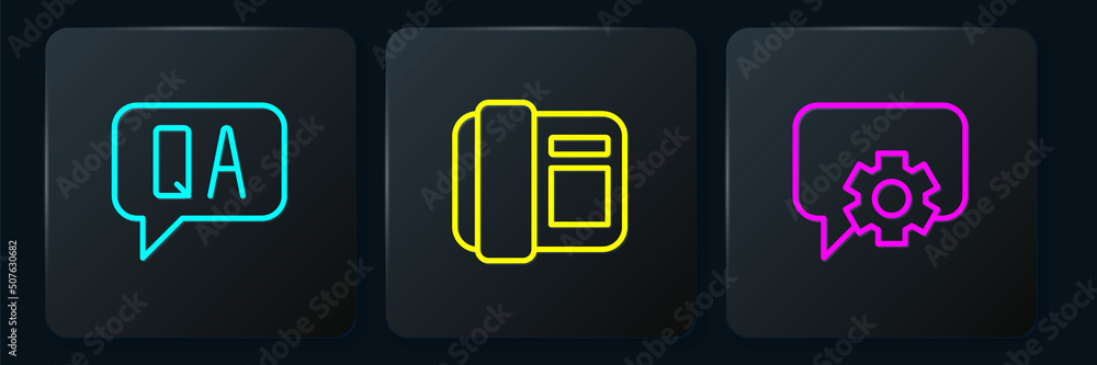 Poster set line question and answer, telephone 24 hours support and handset. black square button. vector