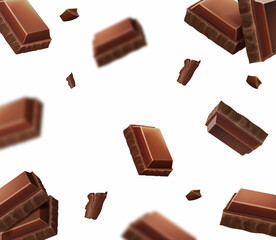 Chocolate pieces falling, blurred cocoa chunks . Defocusing milk chocolate bar blocks Realistic Vector illustration.