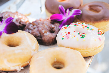A view of a platter of donuts.