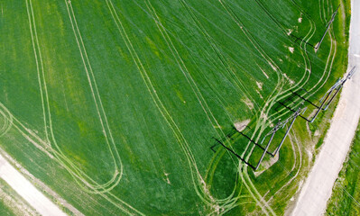 Aerial view of agro rural green fields and rustic landscape