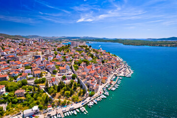 Naklejka premium Sibenik waterfront and historic architecture aerial view