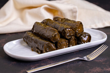 Leaf Wrap. Traditional Turkish cuisine delicacies. Stuffed with grape leaves and rice. local name zeytinyagli dolma or dolmades