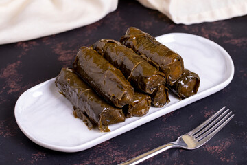 Leaf Wrap. Traditional Turkish cuisine delicacies. Stuffed with grape leaves and rice. local name zeytinyagli dolma or dolmades