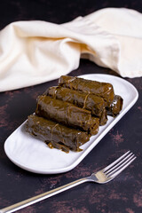 Leaf Wrap. Traditional Turkish cuisine delicacies. Stuffed with grape leaves and rice. local name zeytinyagli dolma or dolmades