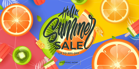Summer sale vector poster set with 50% off discount text and summer elements in colorful backgrounds for store marketing promotion. Vector illustration.