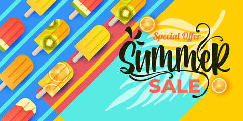 Fototapeta premium Summer Sale banner with pieces of ripe fruit, bright design.