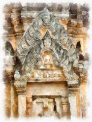 Fototapeta premium Ancient Ruins in Sukhothai World Heritage Site watercolor style illustration impressionist painting.