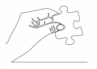 continuous line drawing of hand holding puzzle piece as a solution.Business matching - connecting puzzle elements.  Puzzle game symbol and iconic business metaphor for problem solving, solution.