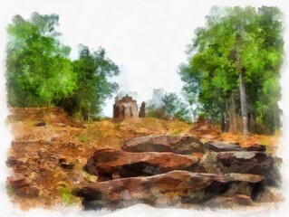 Ancient Ruins in Sukhothai World Heritage Site watercolor style illustration impressionist painting.