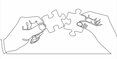 One continuous line drawing of two hands holding puzzle pieces to unite them as sign to start business collaboration. Jigsaw wooden puzzle on white background. Concept of connection