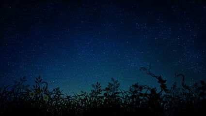 Night sky with stars and landscape with wild flowers stem flower blue