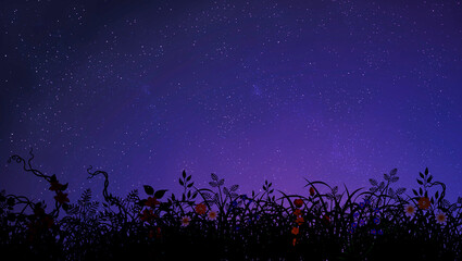 Night sky with stars and landscape purple with wild flowers purple