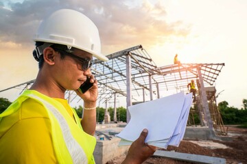 Asian engineer managers, foreman, or leaders use telephones and look at blueprints working at home structures construction while workers work. Teamwork, Leadership concept.