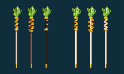 Vector illustration set of luxury magic staves for wizard or sorcerer. Magic props for rpg games in casual style. Black, white or wooden stick with gold spiral and green gems, crystals for gaming ui