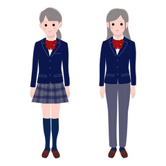 紺の制服（スカート、スラックス）を着た女子高生、全身