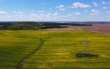 Aerial view of agro rural yellow rapeseed fields with power lines and cables