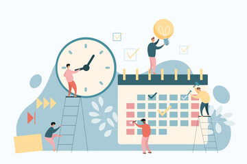 Employees work with calendar to plan and organize upcoming tasks. Tiny business people standing on ladder with clock, holding light bulb flat vector illustration. Productivity, time management concept