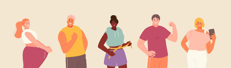 Happy athletic weight loss people. Diet, sports marathon, healthy lifestyle