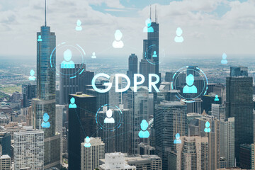 Fototapeta na wymiar Aerial panoramic city view of Chicago downtown area, day time, Illinois, USA. Birds eye view, skyscrapers, skyline. GDPR hologram, concept of data protection regulation and privacy for individuals
