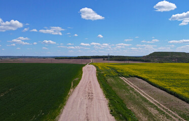 Aerial view of a rural road in the middle of agro fields