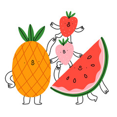 Cute pineapple, watermelon and strawberry fruit characters, vector illustration - 507635666