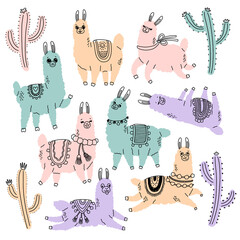 Lama and cactus color doodle vector illustration © spirka.art