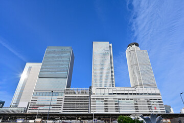 名古屋駅の青空背景の風景　【名古屋風景】