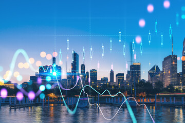 Downtown city view of Chicago, skyline panorama over Lake Michigan, harbor area, sunset, Illinois, USA. Forex graph hologram. The concept of internet trading, brokerage and fundamental analysis