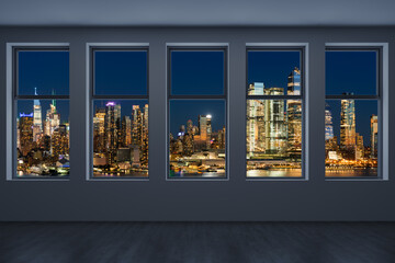 Midtown New York City Manhattan Skyline Buildings from High Rise Window. Beautiful Expensive Real Estate. Empty room Interior Skyscrapers View Cityscape. Night. Hudson Yards West Side. 3d rendering
