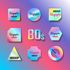 Holographic stickers in the style of the 80s. Color fluorescent labels. Layout of galactic, space layouts. Paper stickers. Cosmic iridescence of stickers. Rainbow tags. Vector