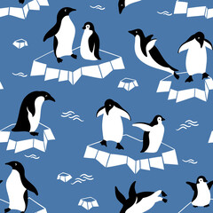 Hand drawn seamless vector pattern with cute penguins on ice. Perfect for textile, wallpaper or print design.