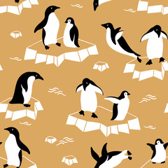 Hand drawn seamless vector pattern with cute penguins on ice. Perfect for textile, wallpaper or print design. © MirabellePrint