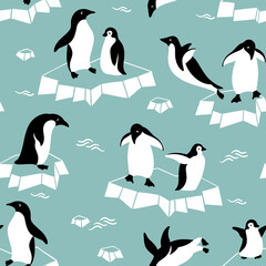 Hand drawn seamless vector pattern with cute penguins on ice. Perfect for textile, wallpaper or print design.