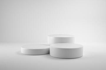 Modern Platform stand podium display on white room background. 
for empty product shelf or exhibition stage backdrop. 3D rendering.

