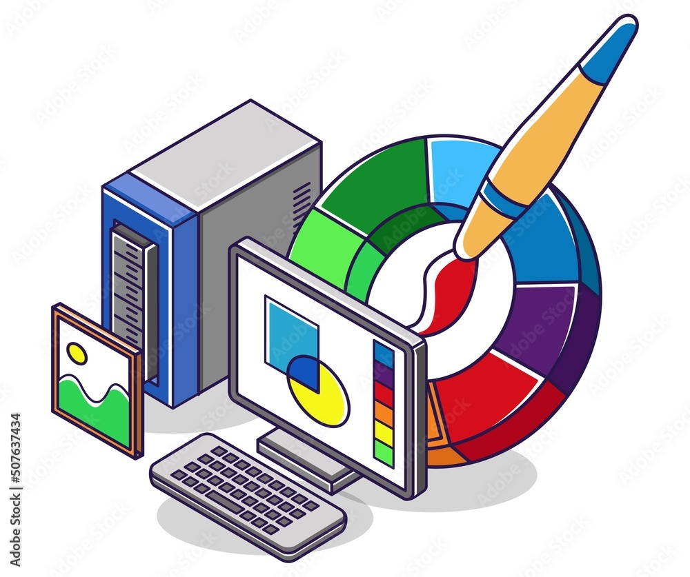 Poster flat isometric concept illustration. creative design desktop computer