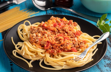 Spaghetti pasta with bolognese sauce. Homemade bolognese sauce